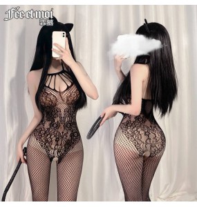FEE ET MOI Flowers Fishnet Hollow Body Stockings (Black)